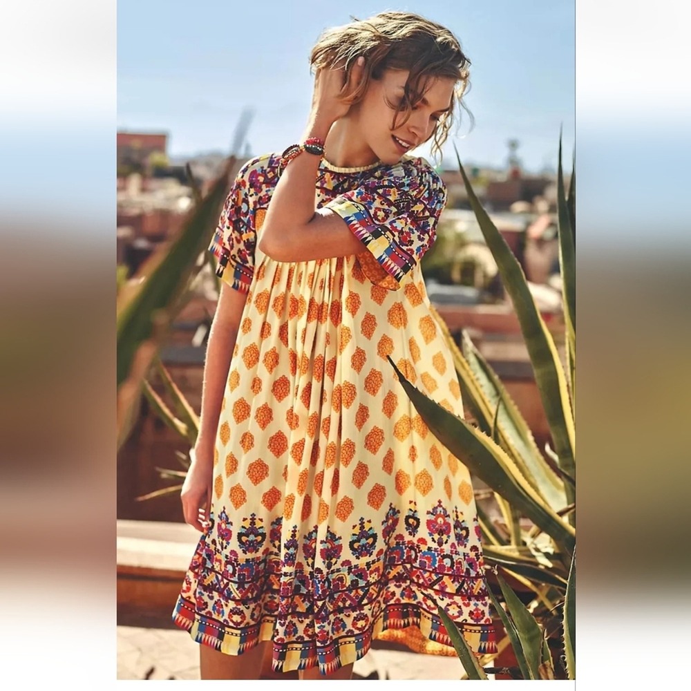 Anthropologie TANVI KEDIA S Caltha Swing Dress Yellow Red‎ Beaded Boho Print EUC